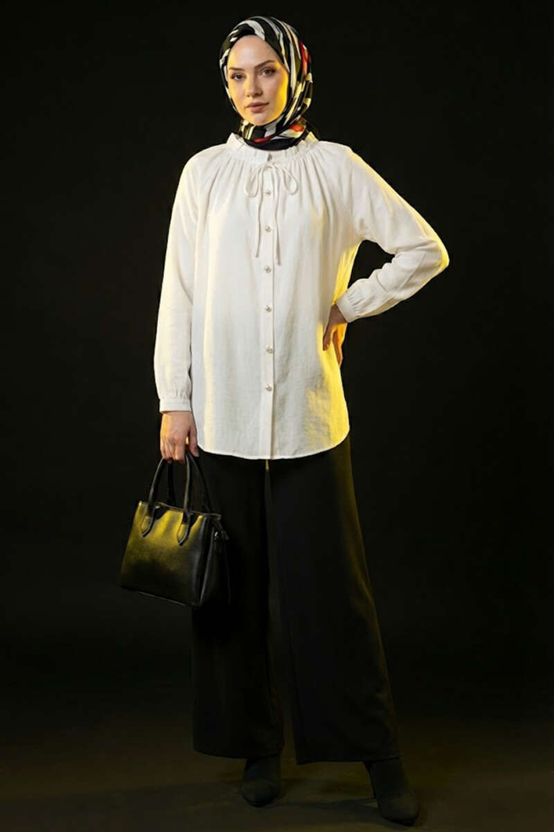 Rivet-Button Tunic with Lace-Up Collar - White