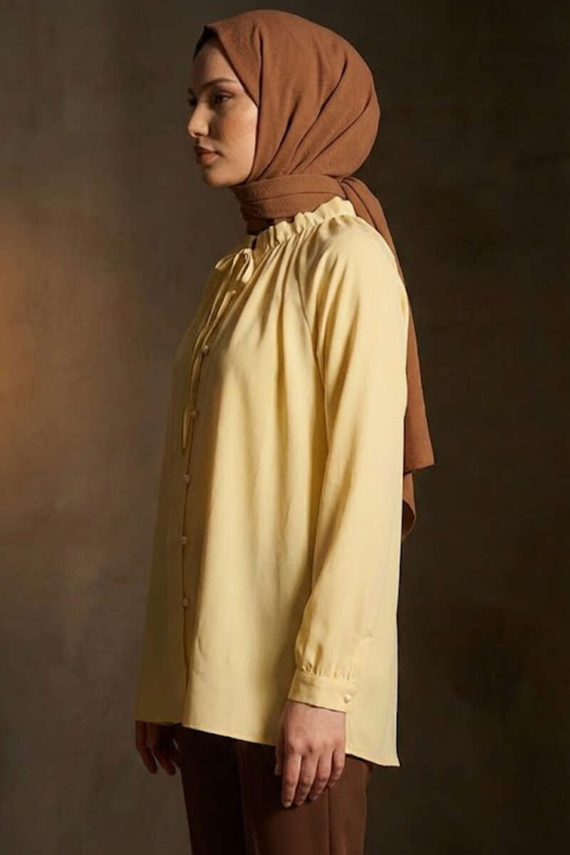 Rivet-Button Tunic with Lace-Up Collar - Yellow