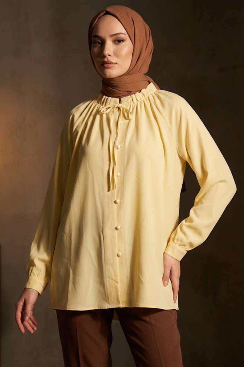 Rivet-Button Tunic with Lace-Up Collar - Yellow