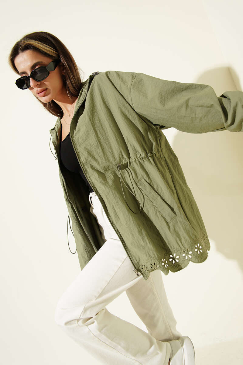 Hooded Trench Coat with Broderie Detail - Khaki