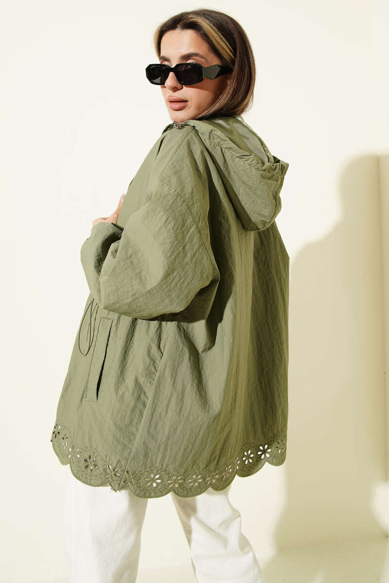 Hooded Trench Coat with Broderie Detail - Khaki