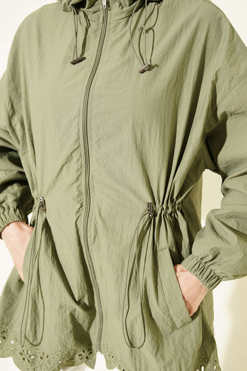 Hooded Trench Coat with Broderie Detail - Khaki