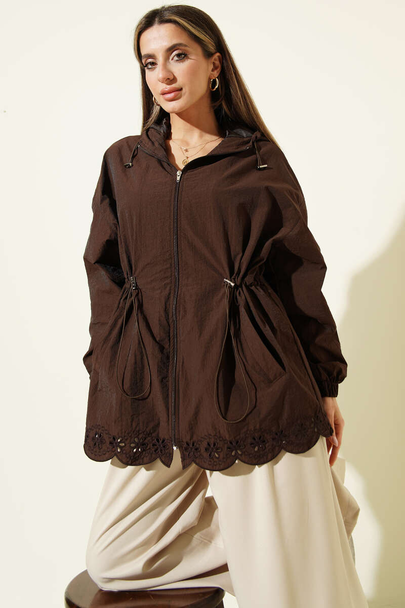 Hooded Trench Coat with Broderie Detail - Brown