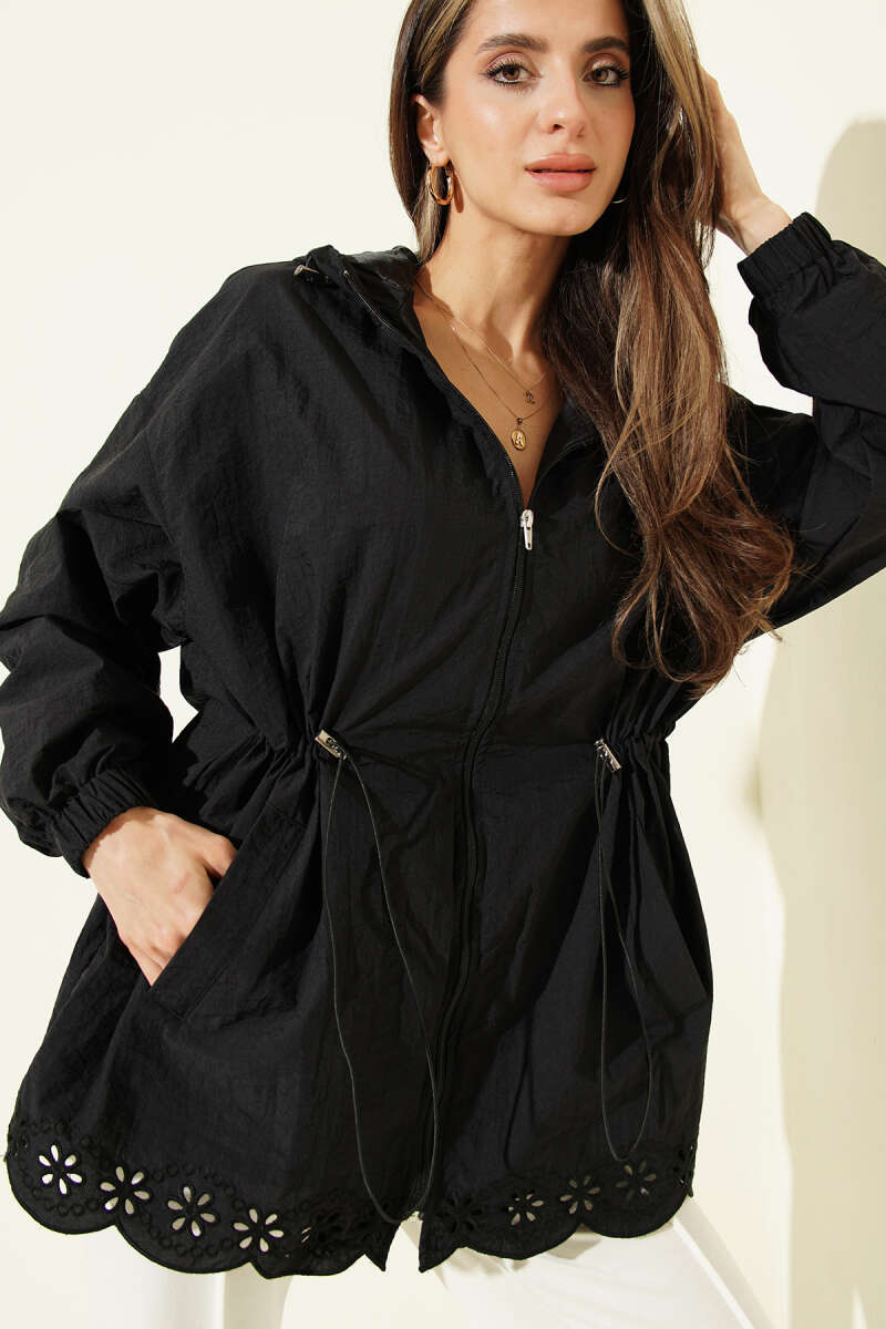 Hooded Trench Coat with Broderie Detail - Black