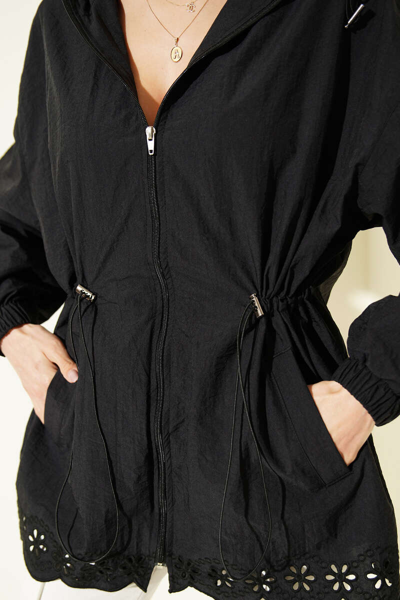 Hooded Trench Coat with Broderie Detail - Black