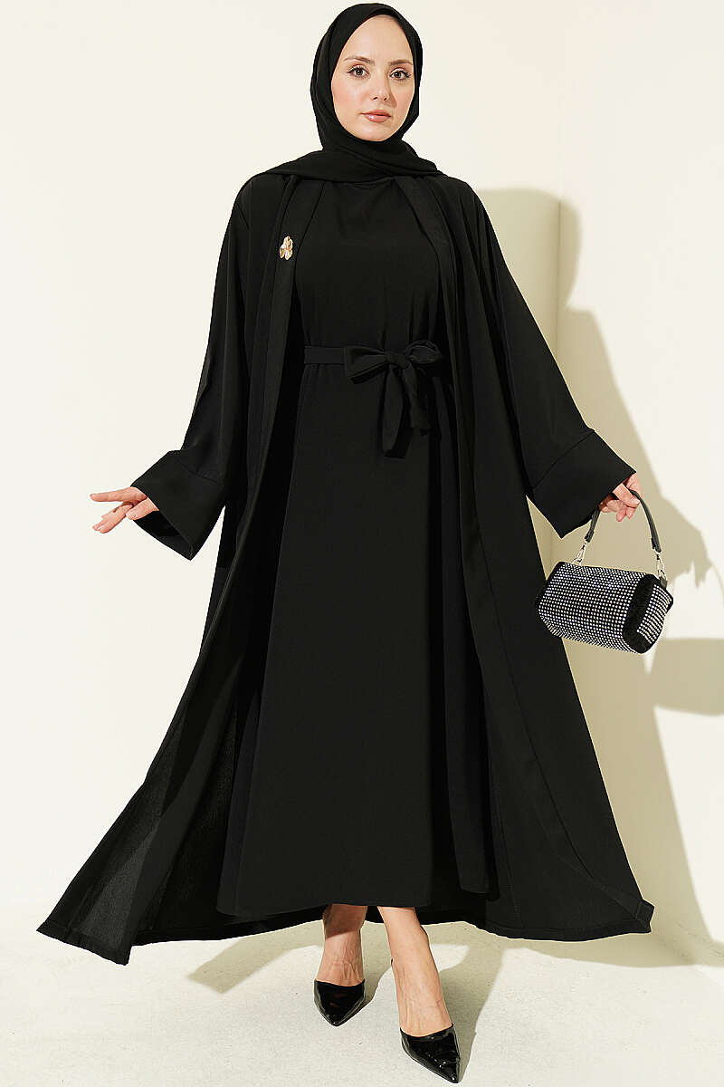 Abaya Set with Brooch - Black