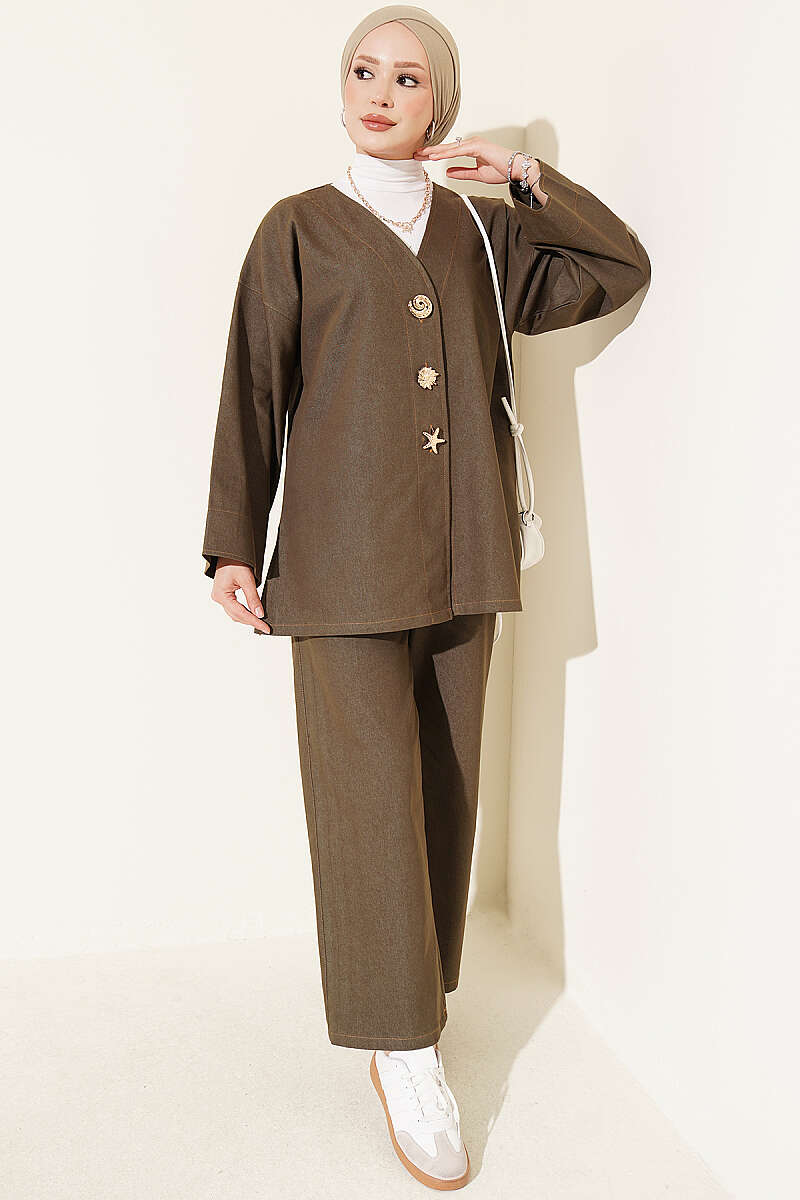 Two-Piece Jacket Set with Brooch - Khaki