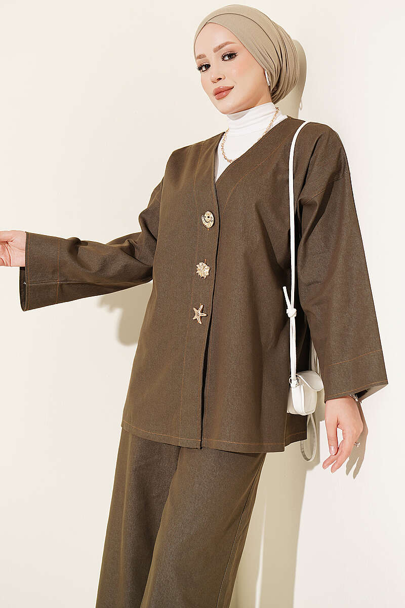 Two-Piece Jacket Set with Brooch - Khaki