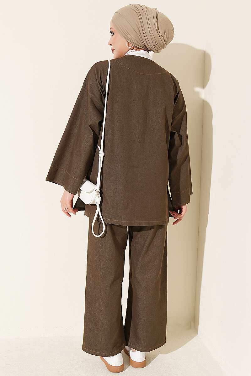 Two-Piece Jacket Set with Brooch - Khaki