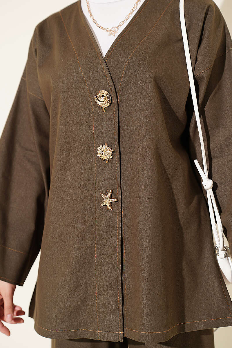 Two-Piece Jacket Set with Brooch - Khaki