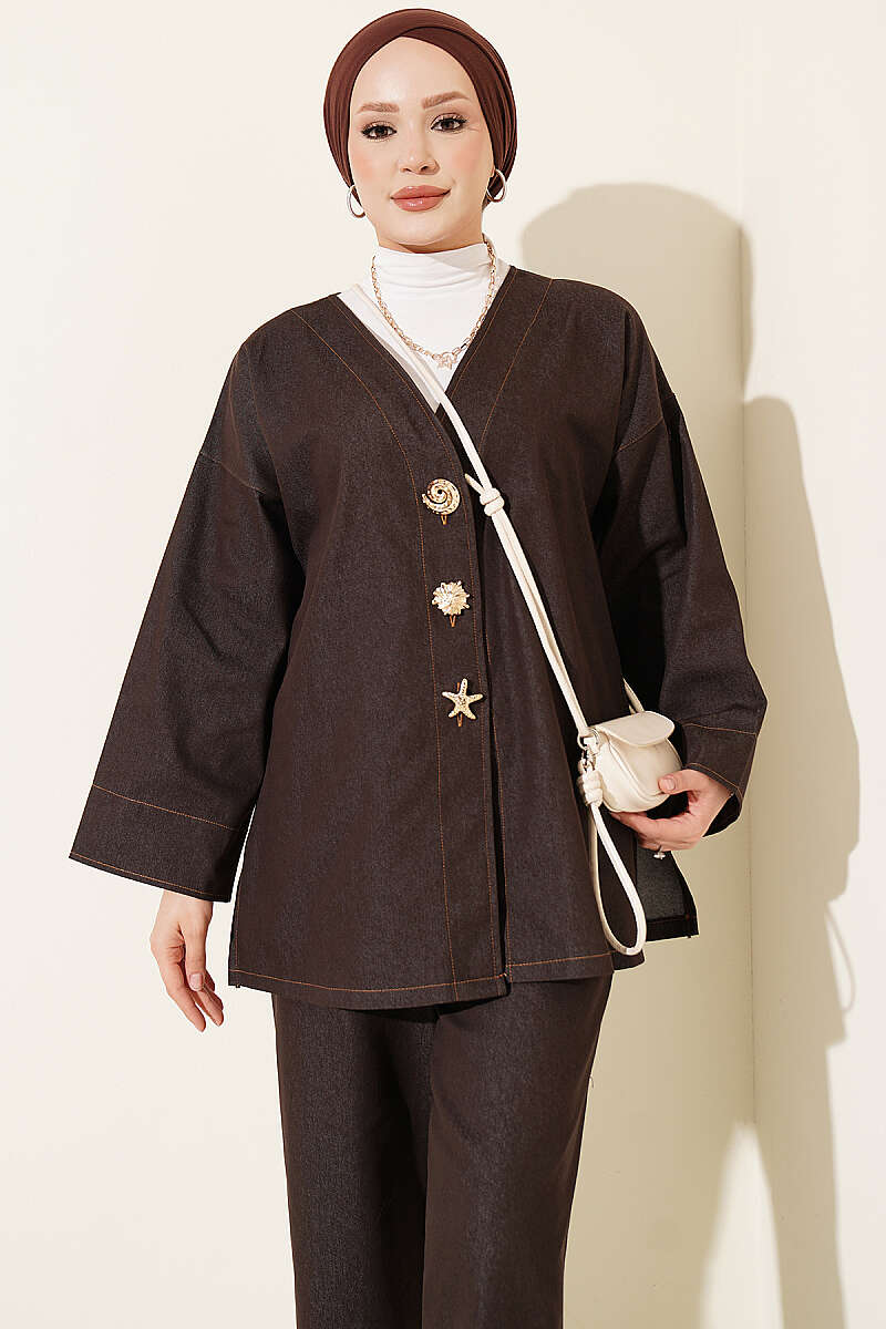 Two-Piece Jacket Set with Brooch - Brown