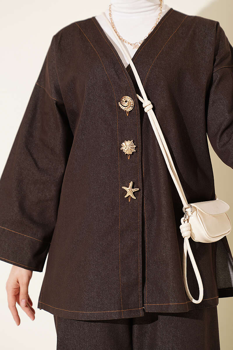 Two-Piece Jacket Set with Brooch - Brown
