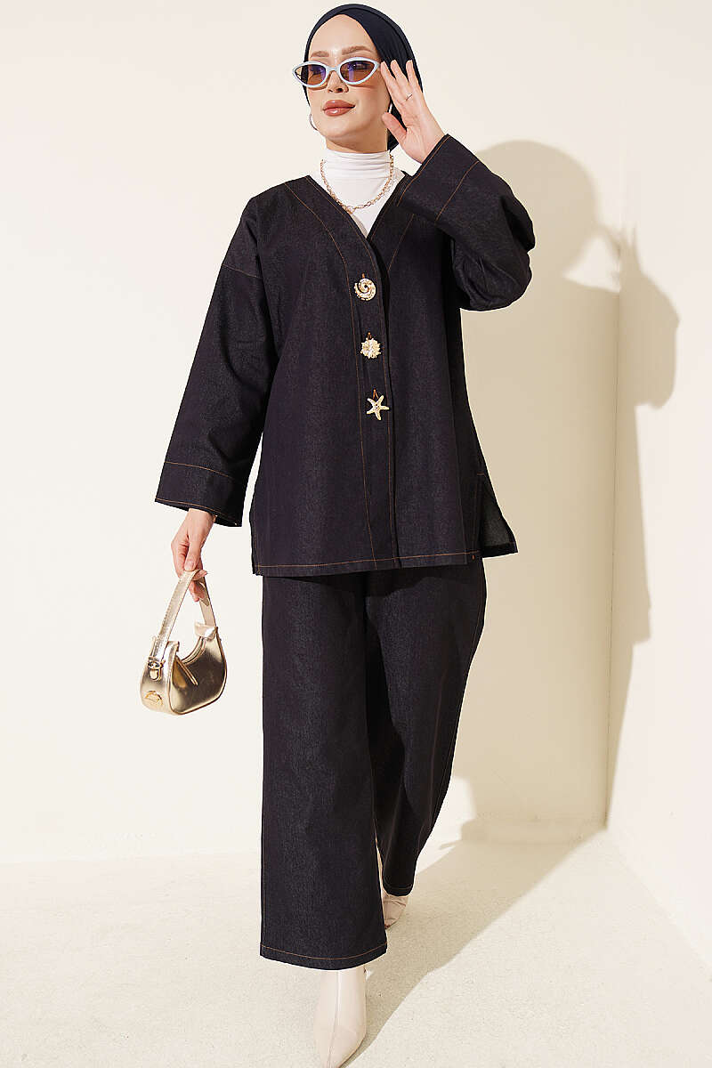 Two-Piece Jacket Set with Brooch - Navy