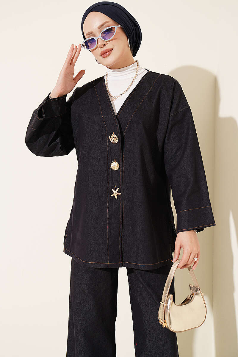 Two-Piece Jacket Set with Brooch - Navy