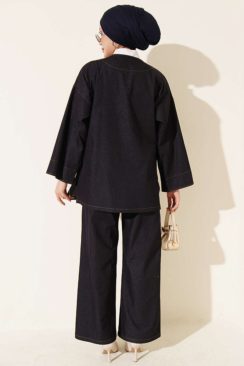 Two-Piece Jacket Set with Brooch - Navy