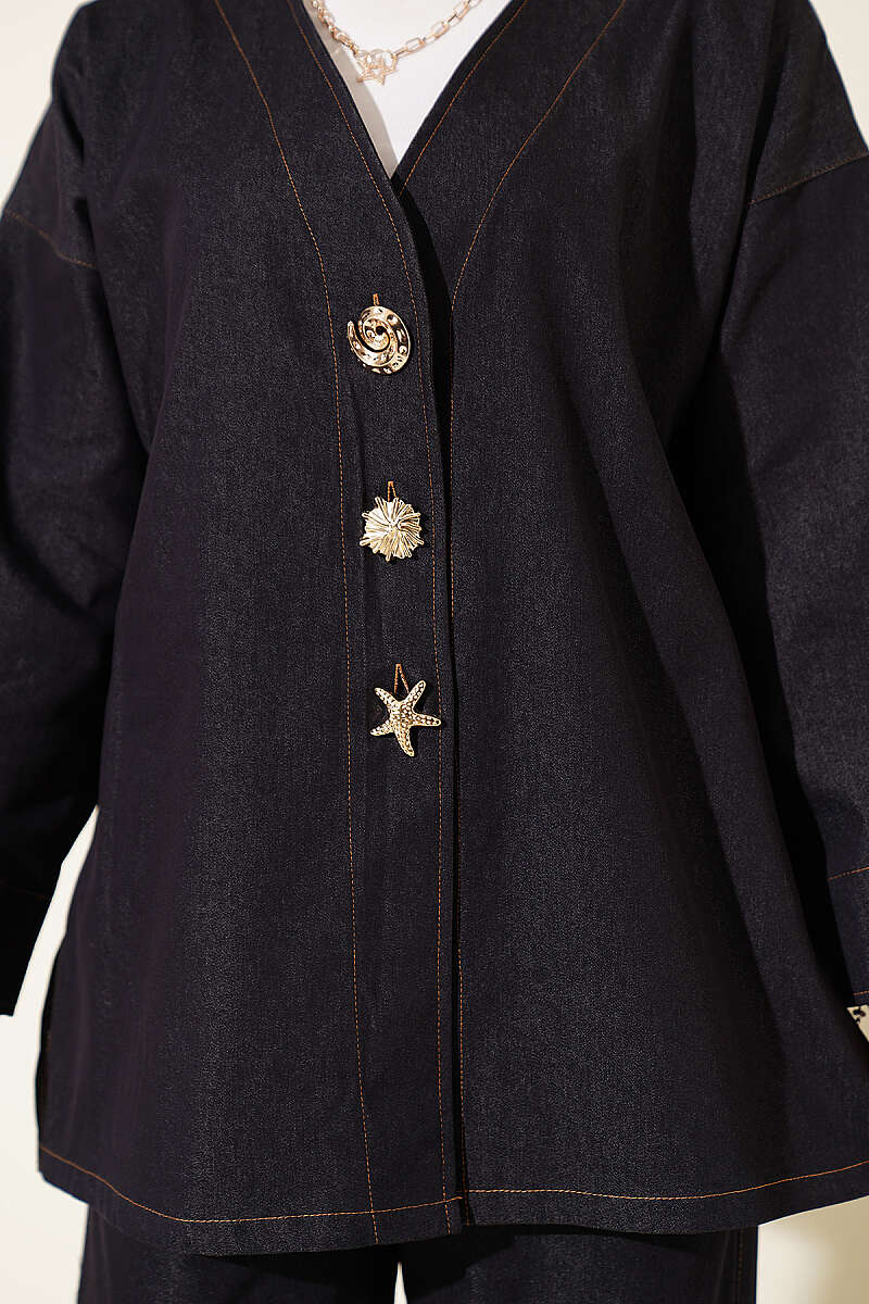 Two-Piece Jacket Set with Brooch - Navy
