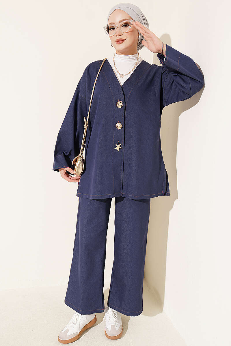 Two-Piece Jacket Set with Brooch - Blue
