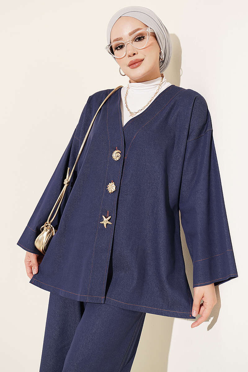Two-Piece Jacket Set with Brooch - Blue