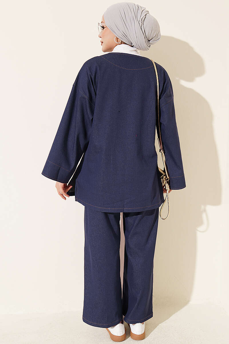 Two-Piece Jacket Set with Brooch - Blue