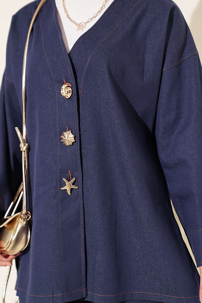 Two-Piece Jacket Set with Brooch - Blue
