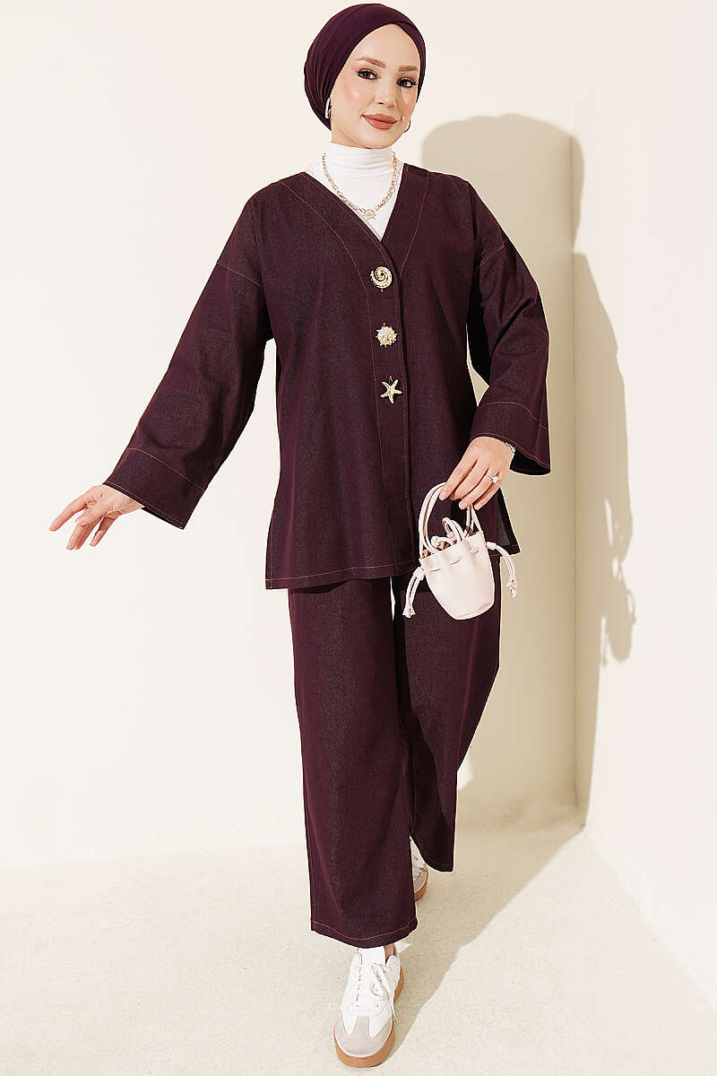 Two-Piece Jacket Set with Brooch - Plum