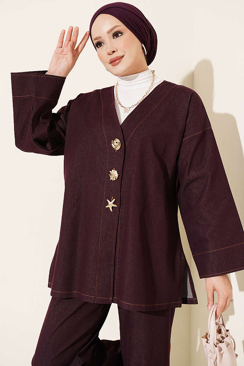 Two-Piece Jacket Set with Brooch - Plum