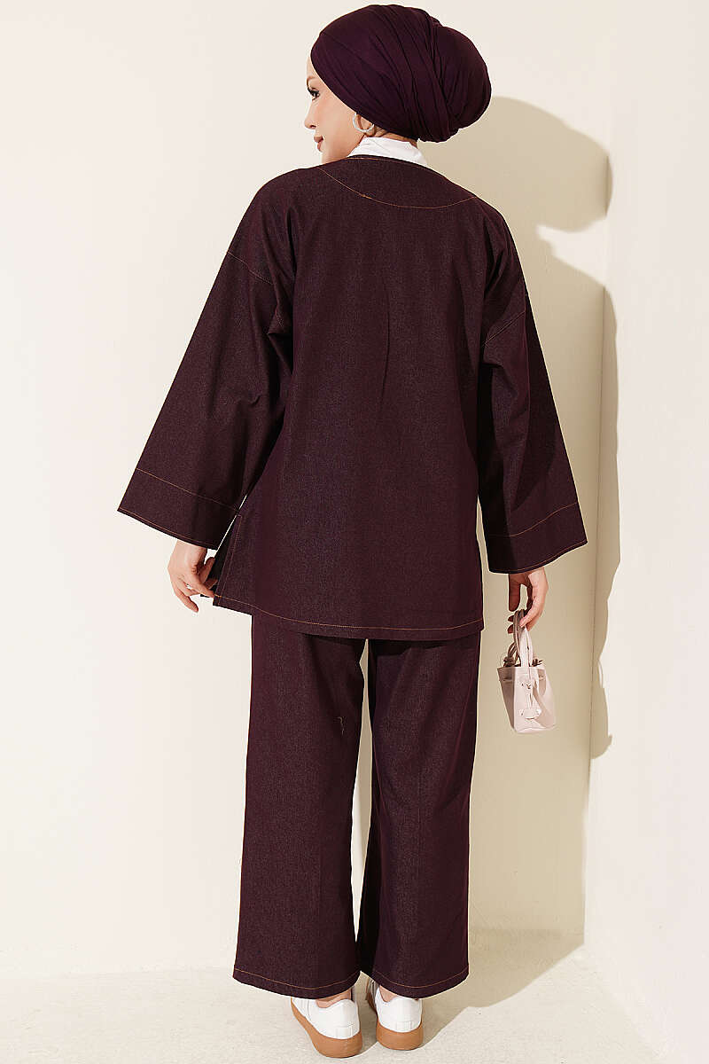 Two-Piece Jacket Set with Brooch - Plum