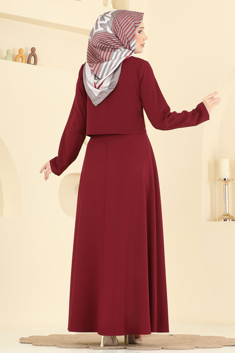 Double Knit Dress Set with Brooch - Burgundy