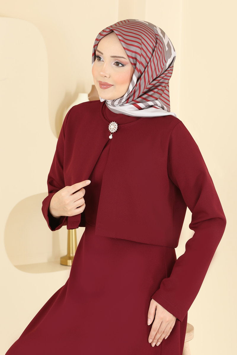 Double Knit Dress Set with Brooch - Burgundy
