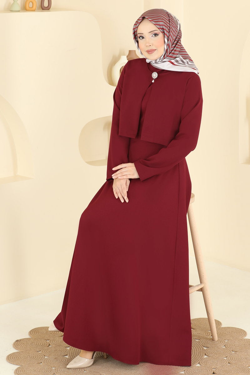 Double Knit Dress Set with Brooch - Burgundy