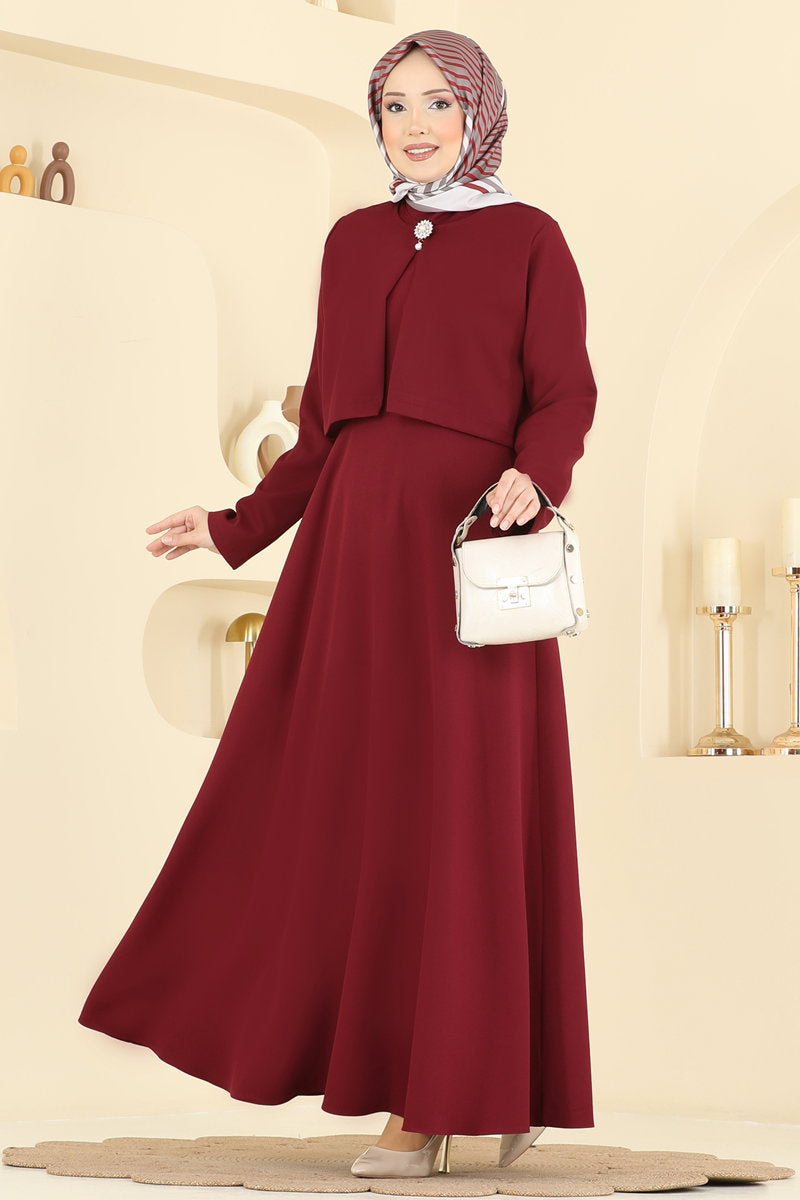 Double Knit Dress Set with Brooch - Burgundy