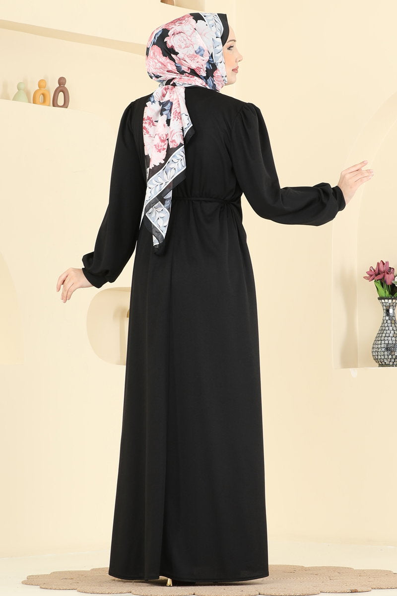 Belted Crepe Knit Dress with Brooch - Black