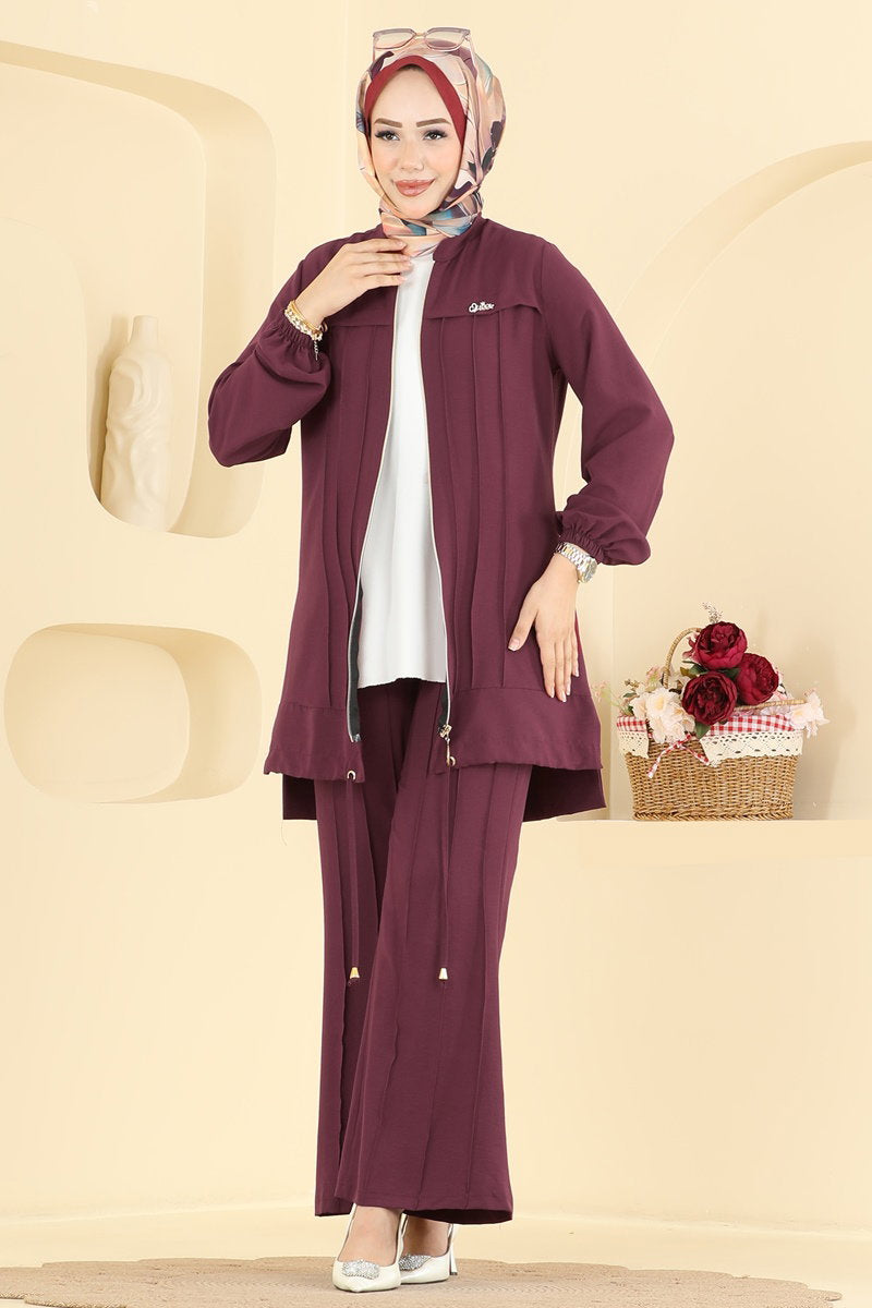 Cupro Two-Piece Set with Brooch - Burgundy