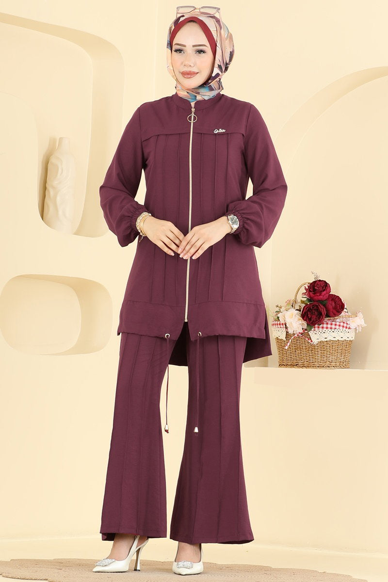 Cupro Two-Piece Set with Brooch - Burgundy