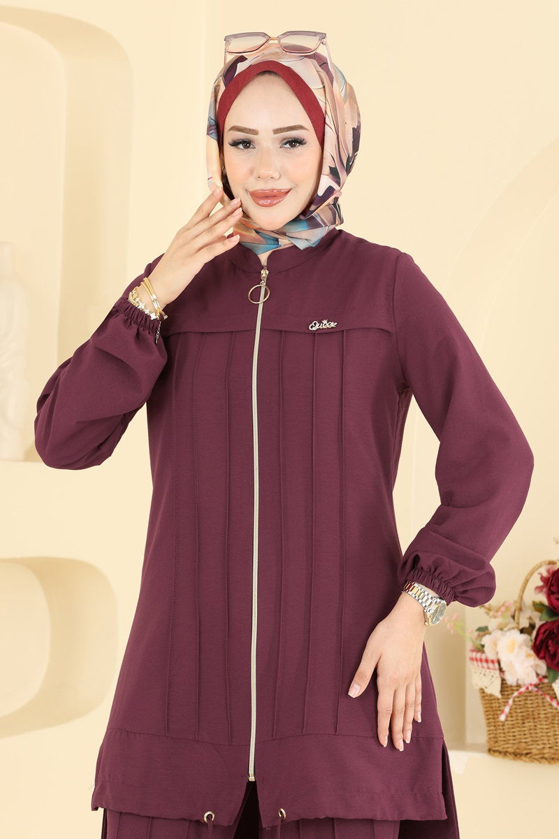Cupro Two-Piece Set with Brooch - Burgundy