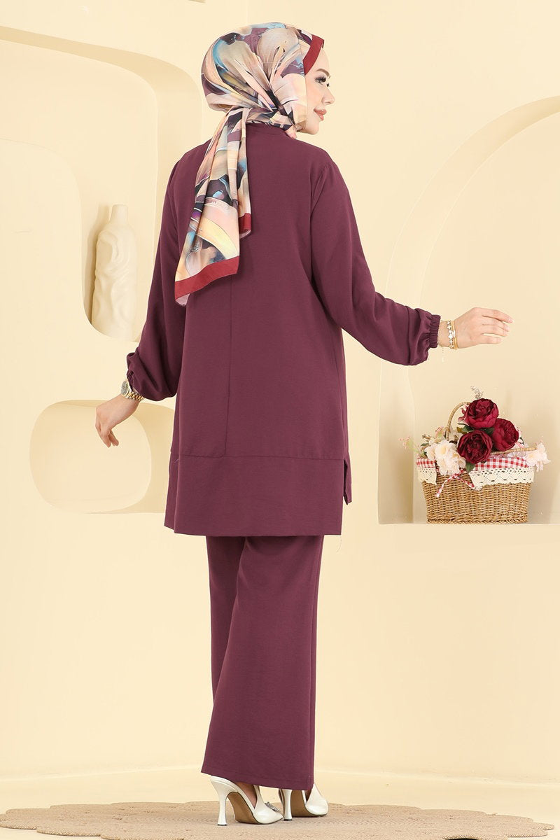 Cupro Two-Piece Set with Brooch - Burgundy