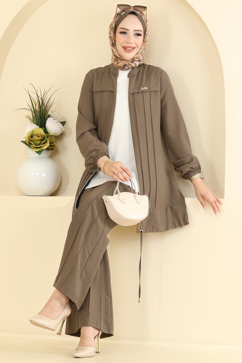 Cupro Two-Piece Set with Brooch - Khaki