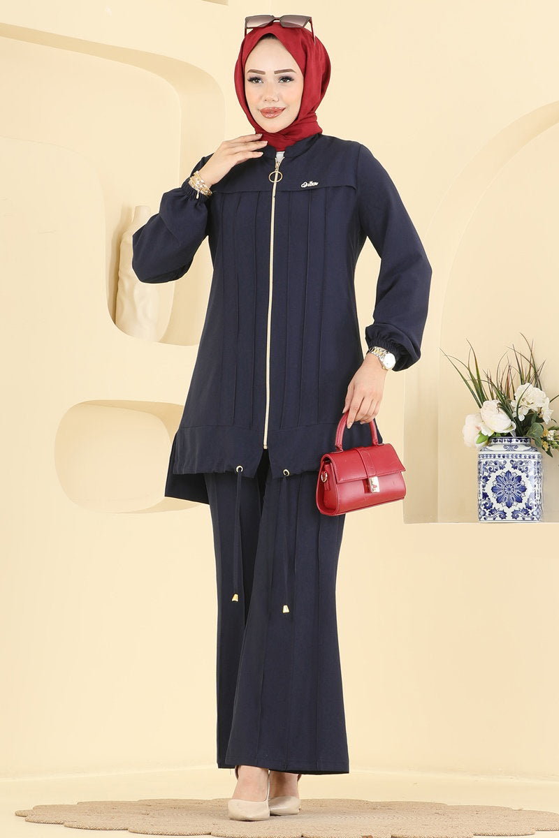 Cupro Two-Piece Set with Brooch - Navy