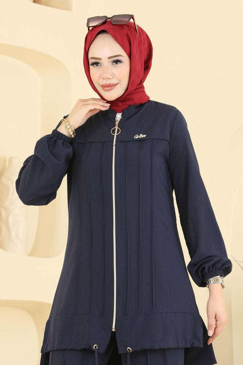 Cupro Two-Piece Set with Brooch - Navy