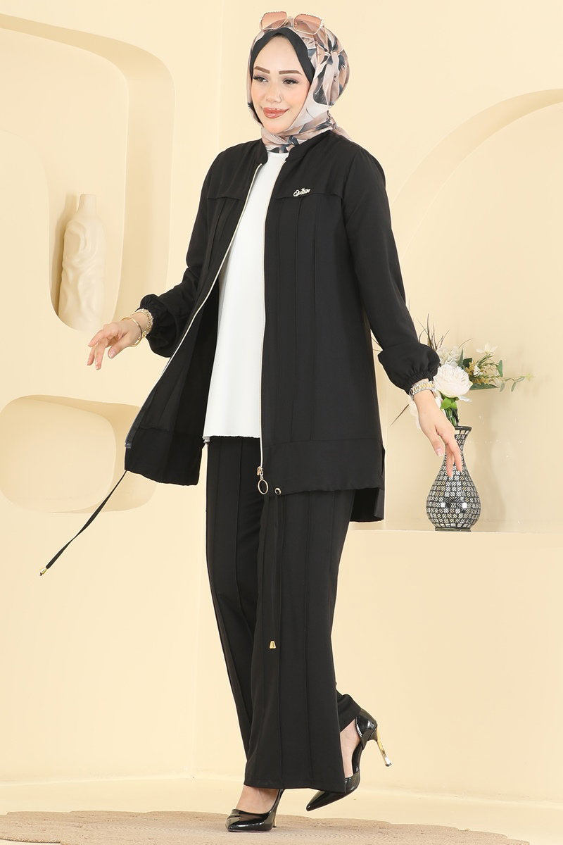 Cupro Two-Piece Set with Brooch - Black