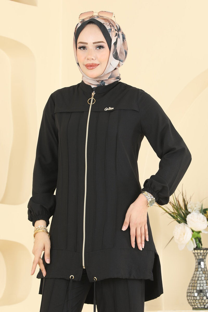 Cupro Two-Piece Set with Brooch - Black
