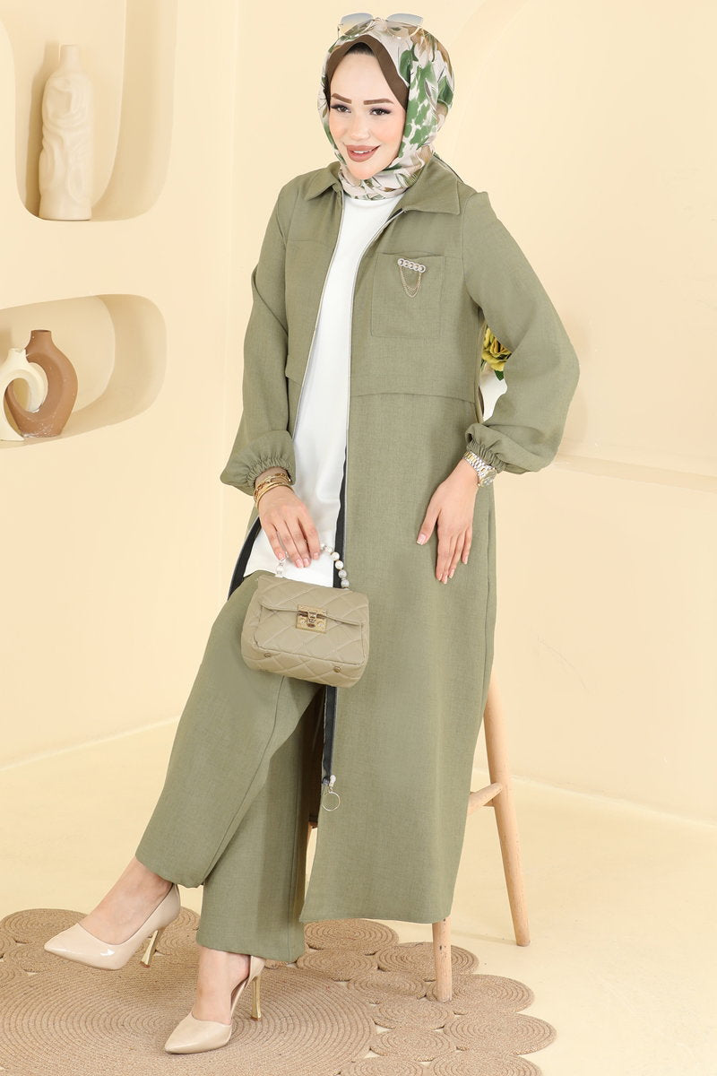 Linen Two-Piece Set with Brooch - Almond Green