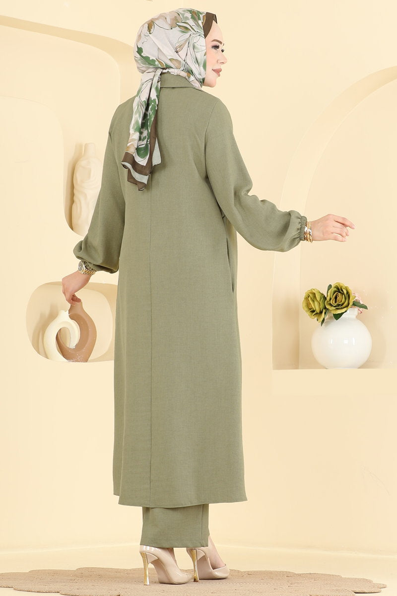 Linen Two-Piece Set with Brooch - Almond Green