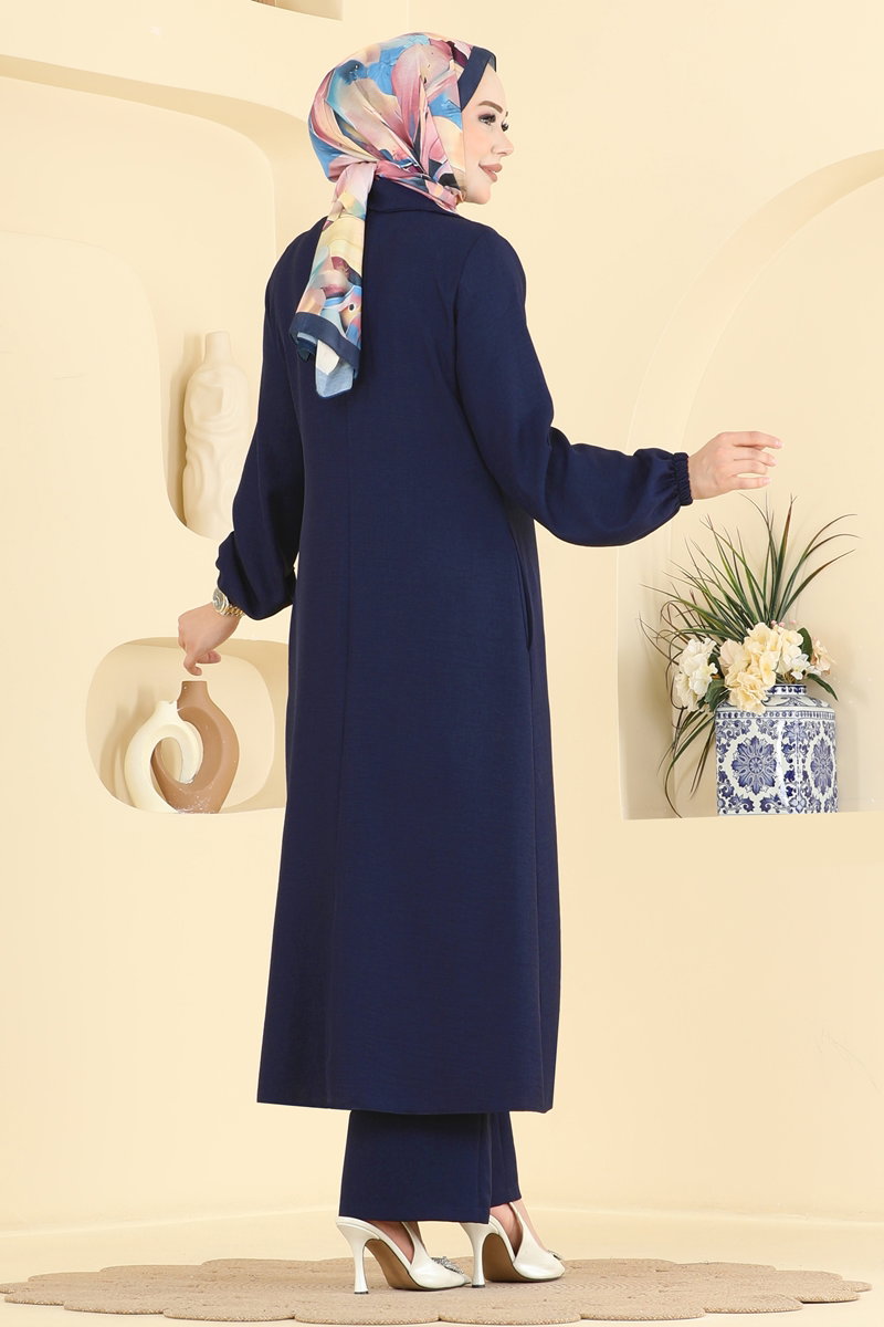 Linen Two-Piece Set with Brooch - Navy