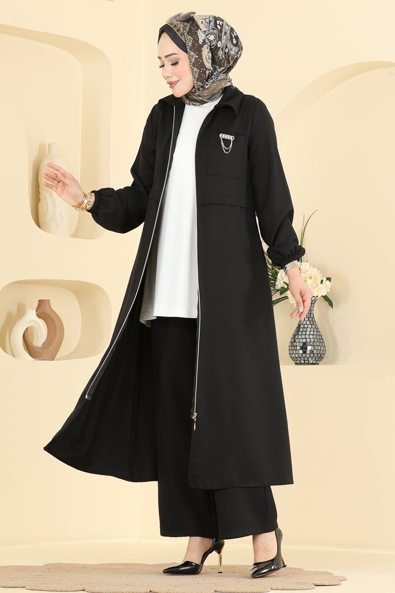 Linen Two-Piece Set with Brooch - Black