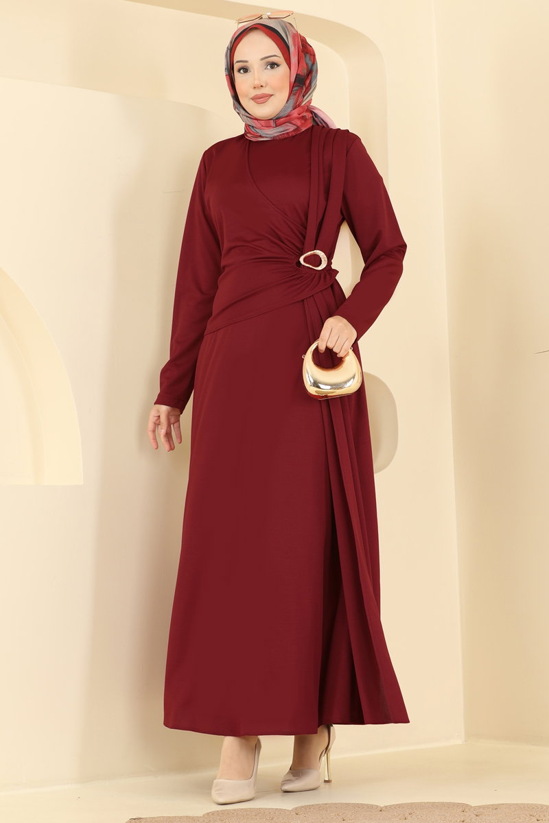 Crepe Knit Dress with Brooch - Burgundy