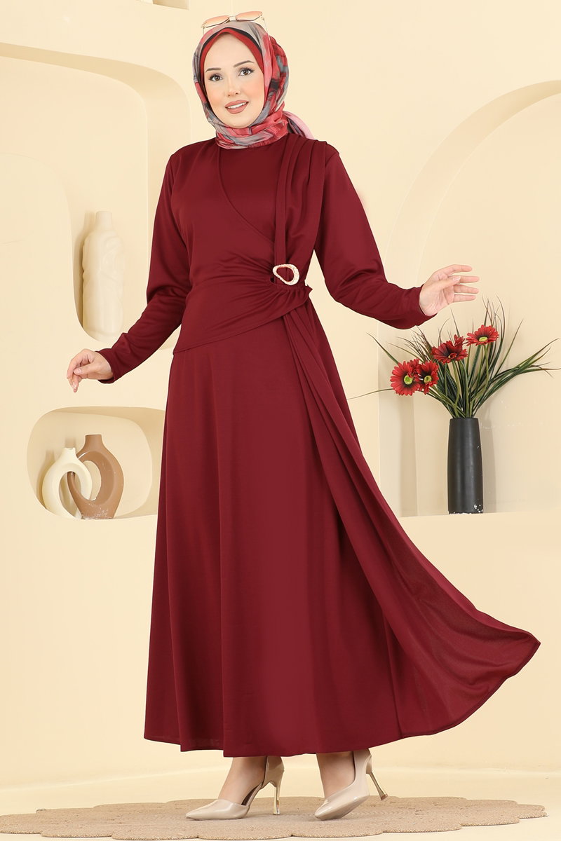 Crepe Knit Dress with Brooch - Burgundy