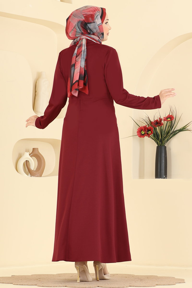 Crepe Knit Dress with Brooch - Burgundy