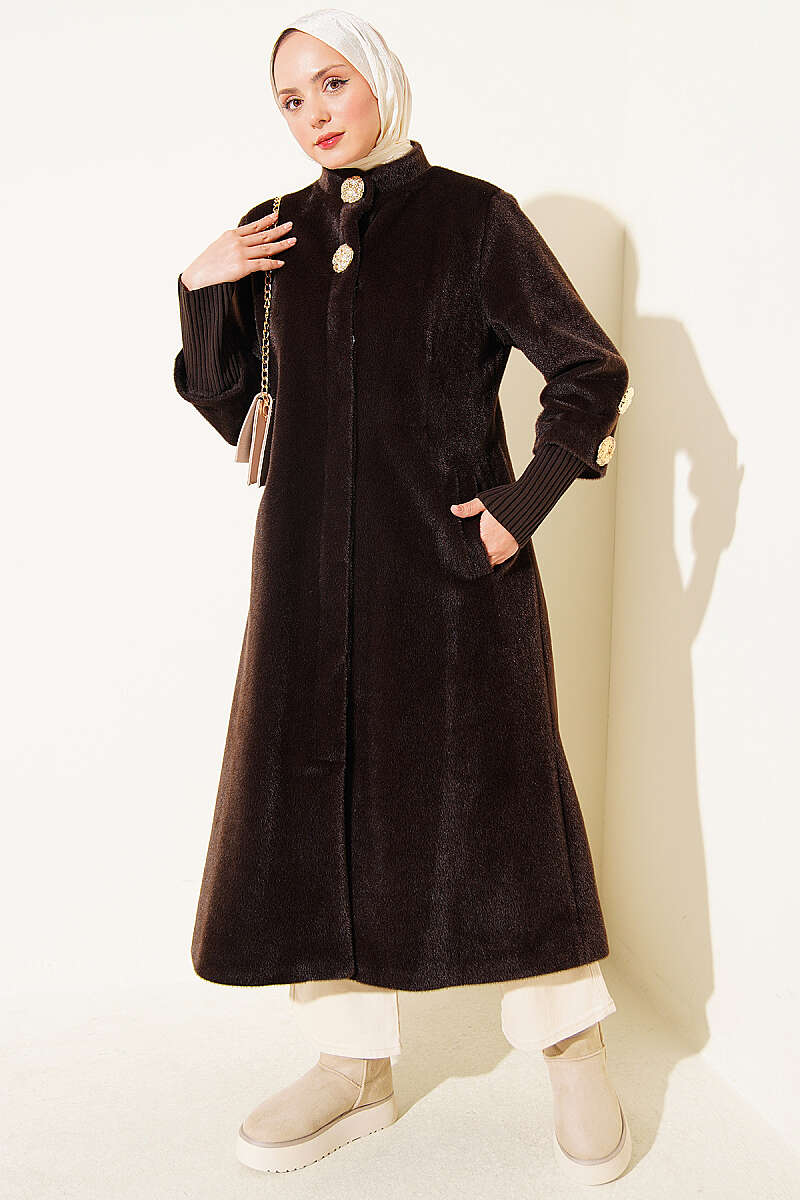 Faux Fur Coat with Brooch - Dark Brown