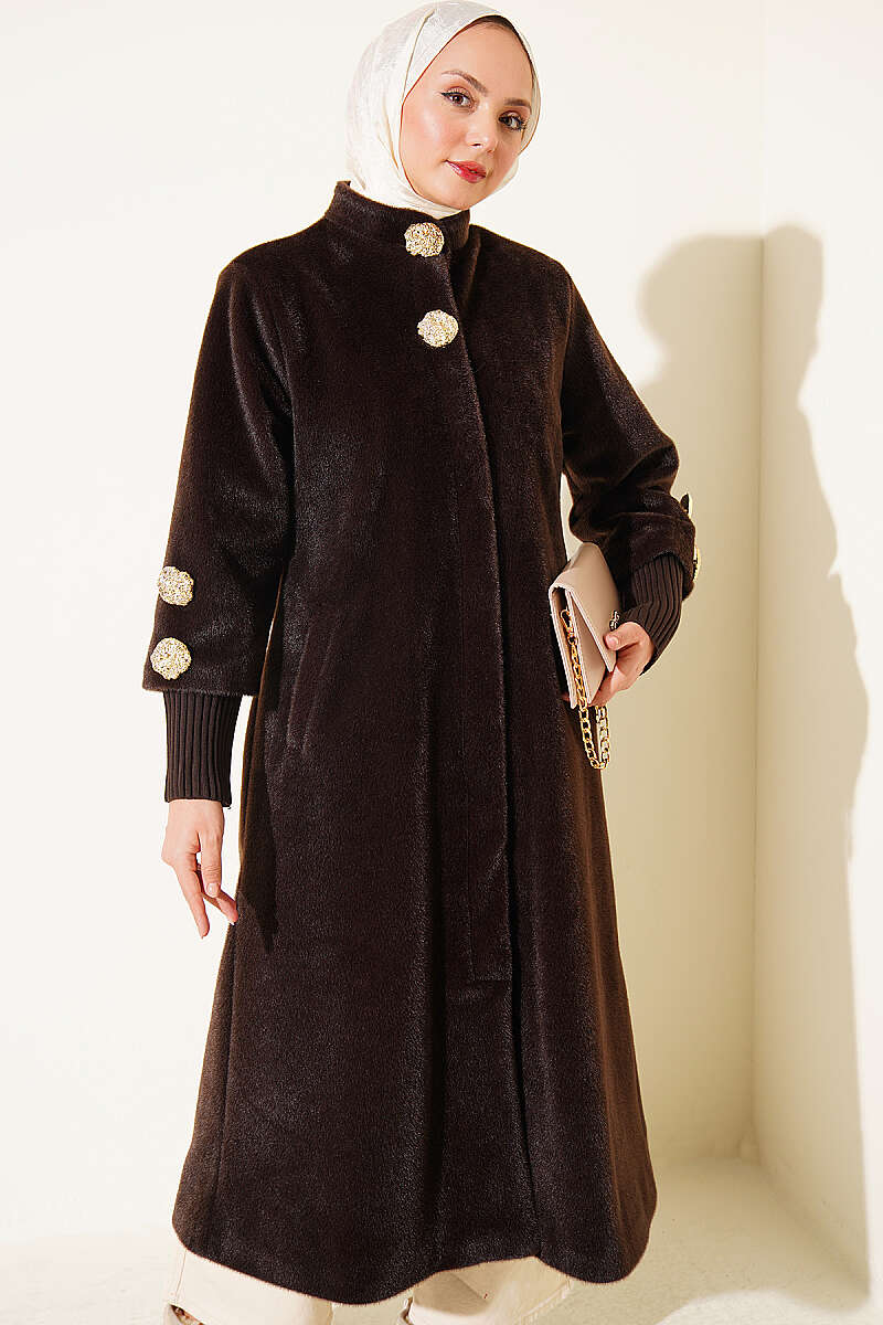 Faux Fur Coat with Brooch - Dark Brown